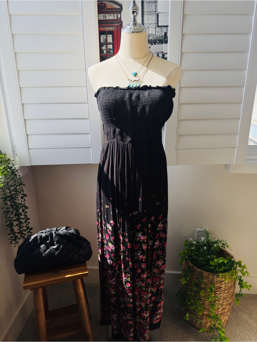 Angie.  Size M.   Black Strapless Floral Maxi Dress